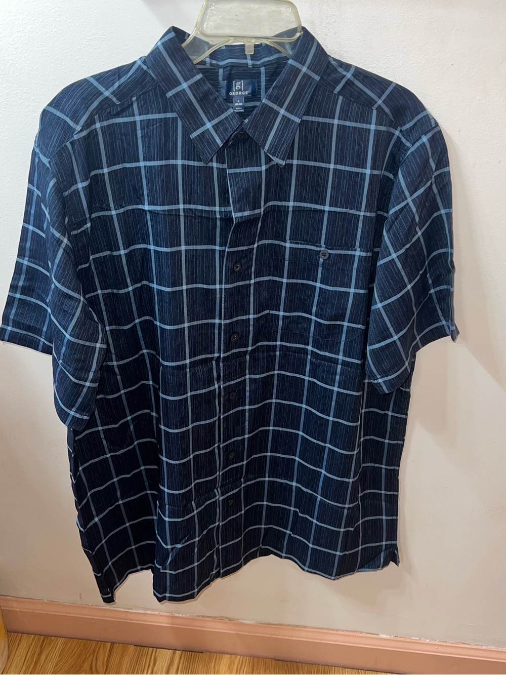 George Men's Dark Navy Plaid Short-Sleeve Button-Down Shirt NWOT